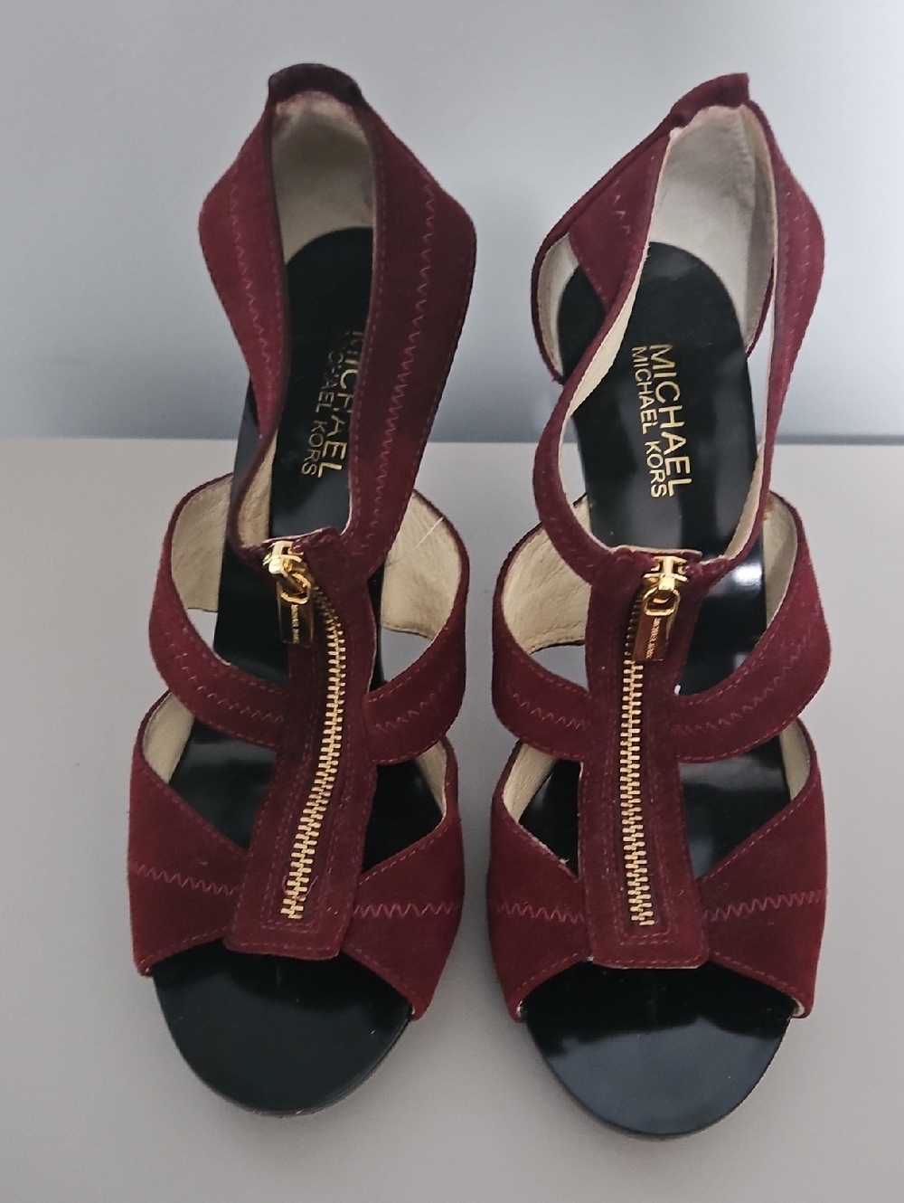 Sexy Michael Kors Burgundy Suede Zip Front Strappy Heels Size 8